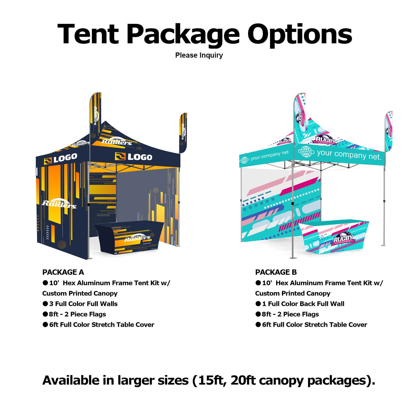 10' X 10' Premium Hex Aluminum Frame, Dye Sub Canopy, 3 Walls, Two 8' Feather Flags & 6' Table Cover