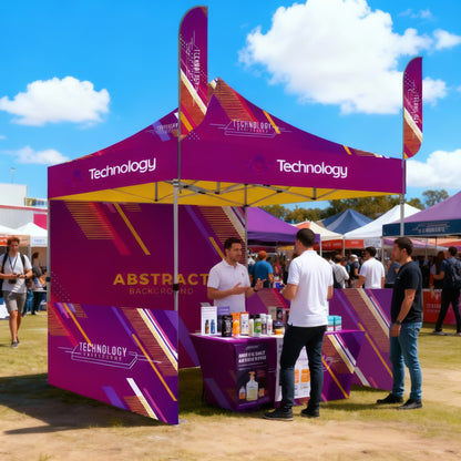 10' X 10' Premium Hex Aluminum Frame, Dye Sub Canopy, 3 Walls, Two 8' Feather Flags & 6' Table Cover