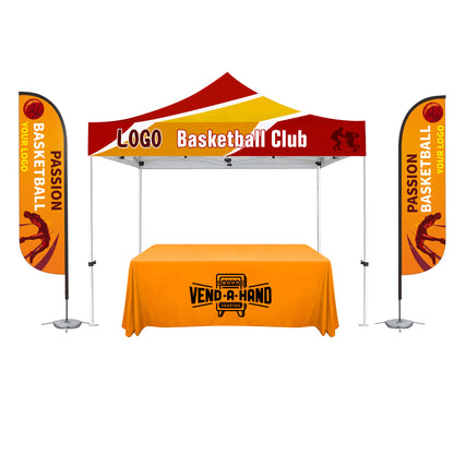 10'X10' Deluxe White Steel Frame, Dye Sub Canopy, Two 11' Feather Flag & 6' Custom Table Throw