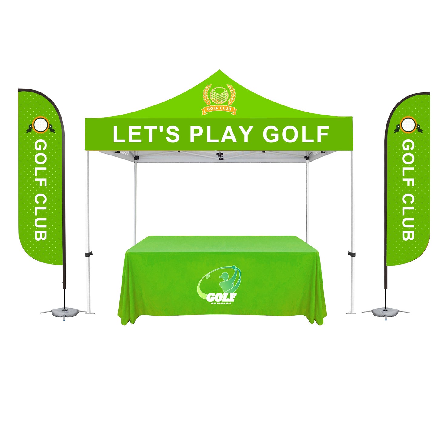 10'X10' Deluxe White Steel Frame, Dye Sub Canopy, Two 11' Feather Flag & 6' Custom Table Throw