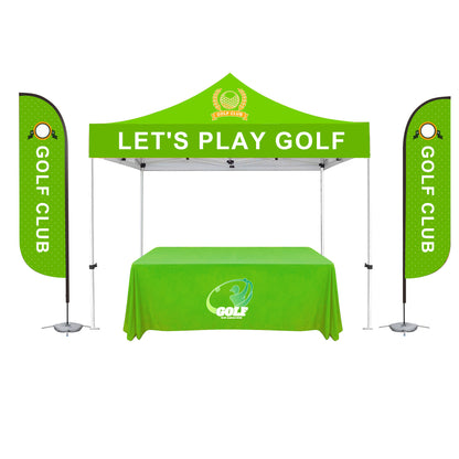 10'X10' Deluxe White Steel Frame, Dye Sub Canopy, Two 11' Feather Flag & 6' Custom Table Throw