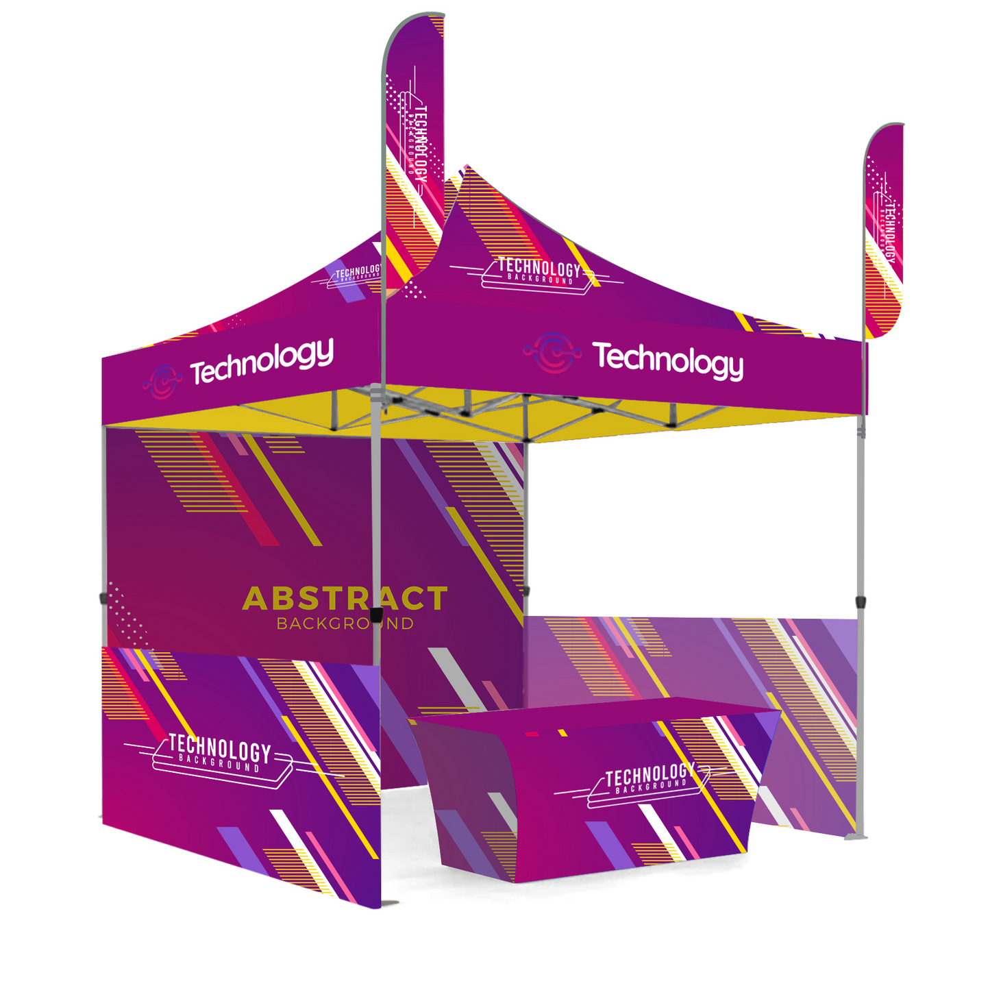 10' X 10' Premium Hex Aluminum Frame, Dye Sub Canopy, 3 Walls, Two 8' Feather Flags & 6' Table Cover