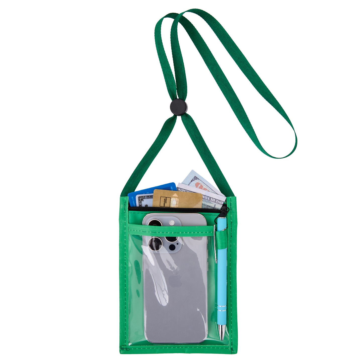Premium Double Window Pouch Wallet With Lanyard W/Back Zipper And Phone Holder