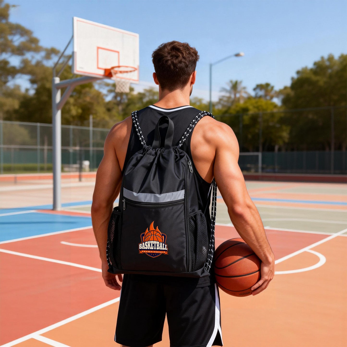 Reflective Drawstring Sports Backpack With Shoe Compartment