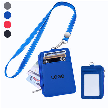 Lanyard PU Leather Card Holder With Zippered Pocket