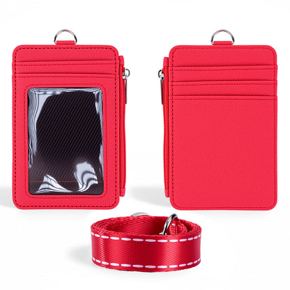 Lanyard PU Leather Card Holder With Zippered Pocket