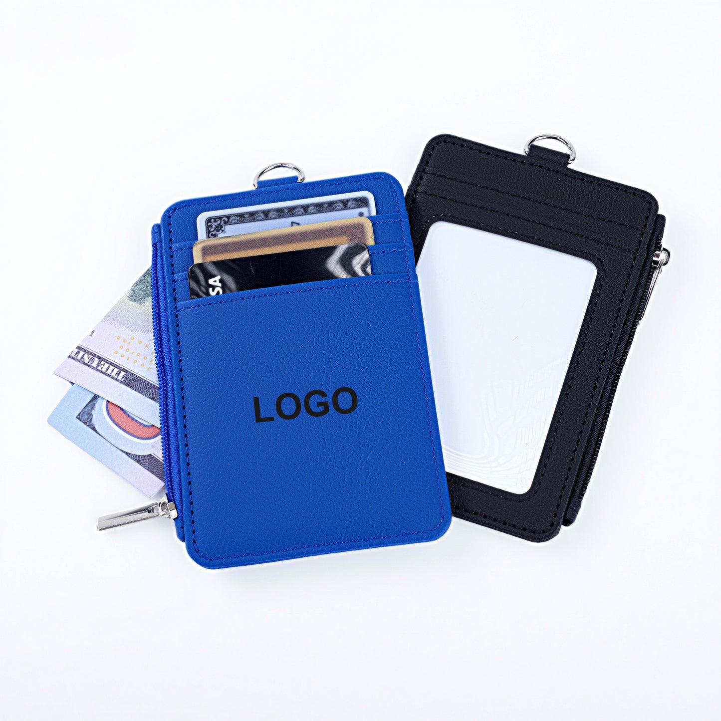 Lanyard PU Leather Card Holder With Zippered Pocket