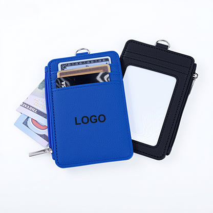 Lanyard PU Leather Card Holder With Zippered Pocket