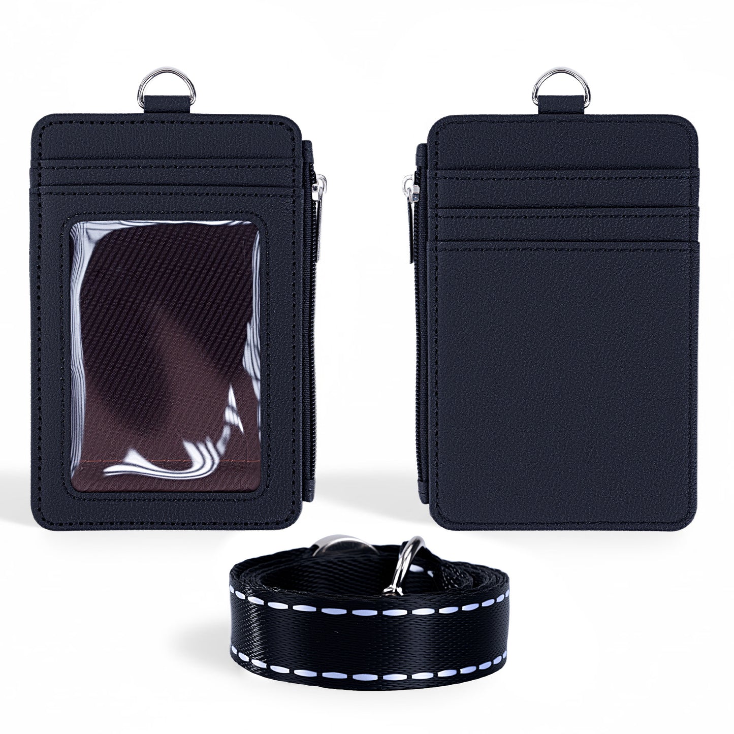Lanyard PU Leather Card Holder With Zippered Pocket