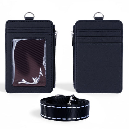 Lanyard PU Leather Card Holder With Zippered Pocket