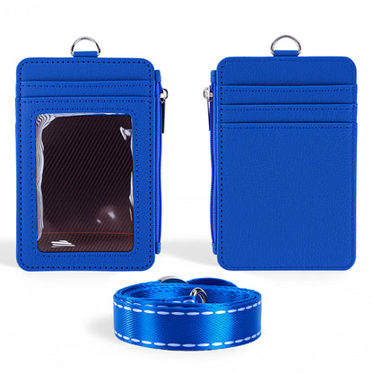 Lanyard PU Leather Card Holder With Zippered Pocket