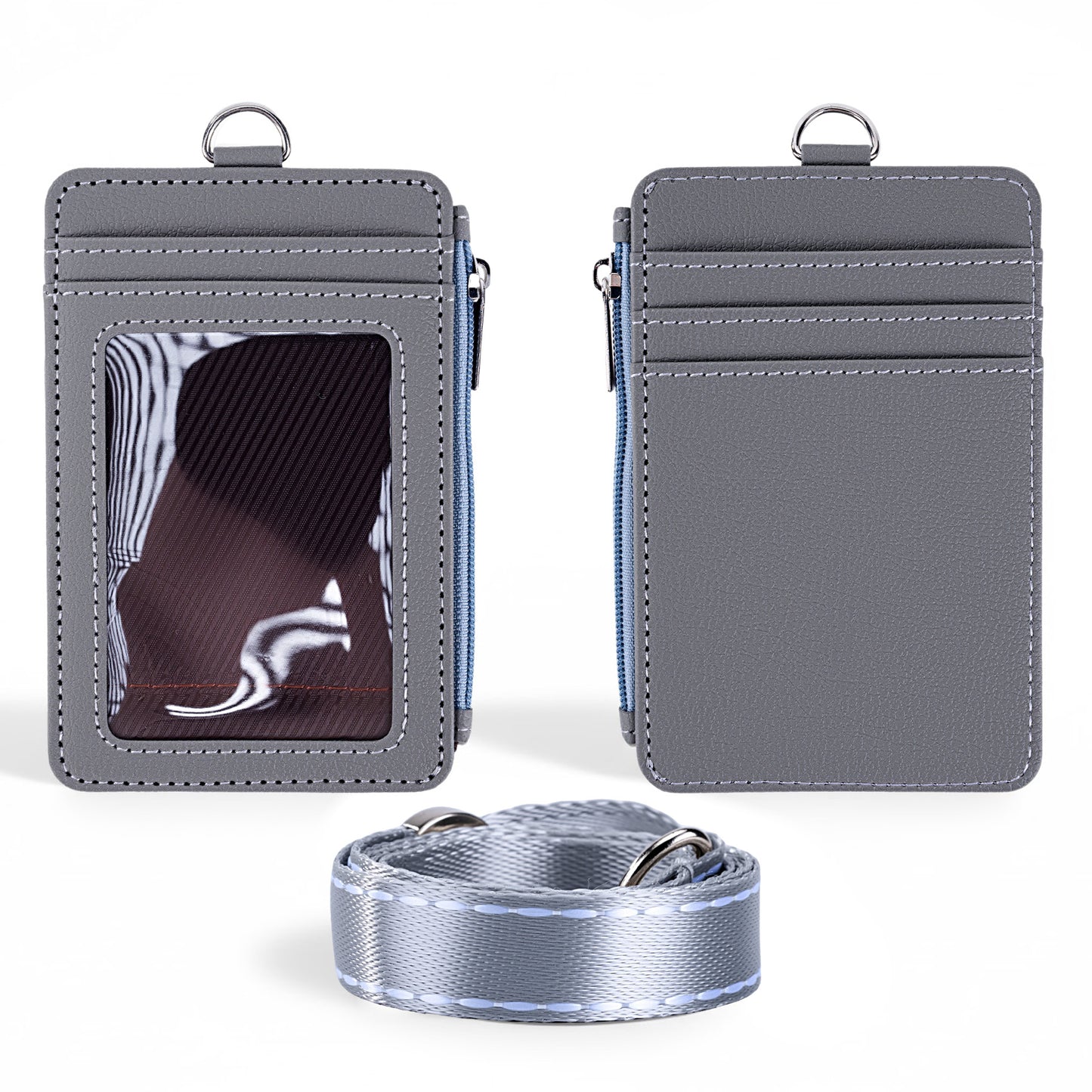 Lanyard PU Leather Card Holder With Zippered Pocket