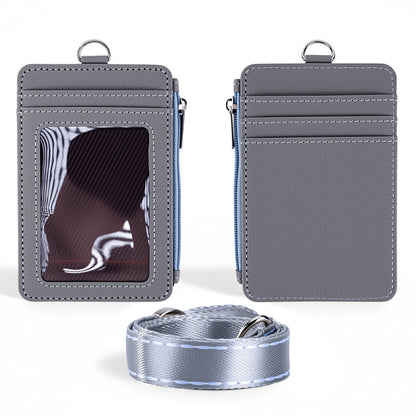Lanyard PU Leather Card Holder With Zippered Pocket