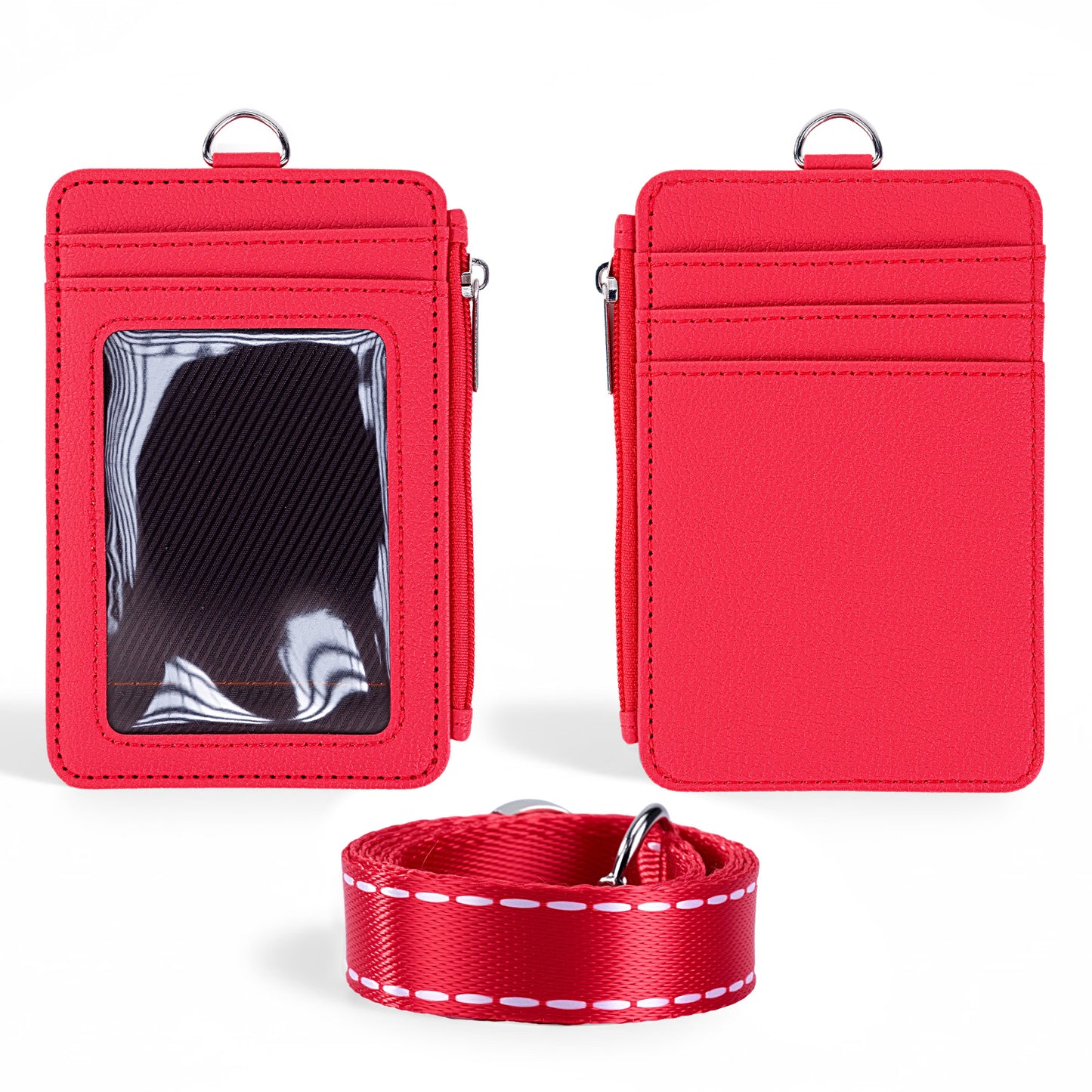 Lanyard PU Leather Card Holder With Zippered Pocket