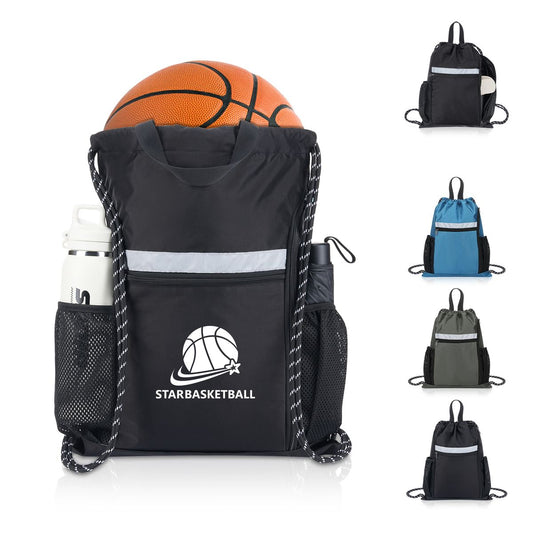 Reflective Drawstring Sports Backpack With Shoe Compartment
